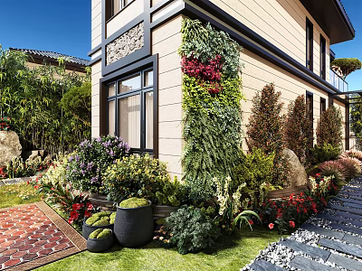 Beautiful Courtyard Garden With Lush Green Wall Colorful Plants And Decorative Stone Path 3d model