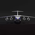 White Airliner With Twin Wings Blue Stripes Four Engines Registration 216 LL On Black Background