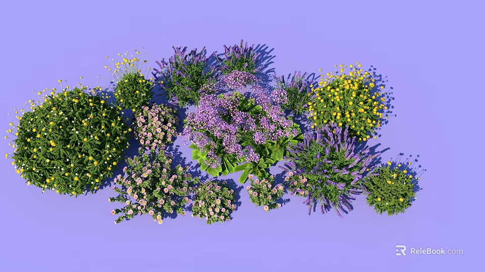 Colorful Mixed Flowers and Plants with Purple Lavender Yellow Blossoms Green Shrubs 3d model 