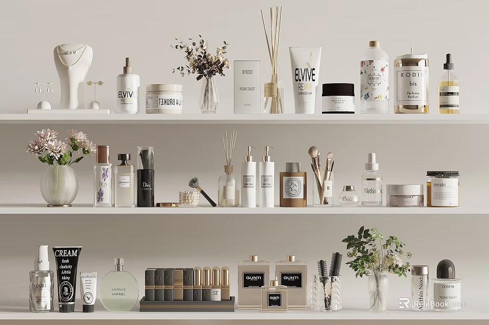 Organized Perfumes and Cosmetics Shelves Display With Various Bottles Jars and Decorative Flowers 3d model 