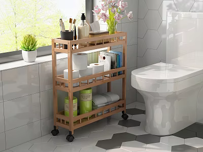 Bathroom Wooden Storage Shelf With Multiple Tiers Wheels And Toiletries Organizer 3d model