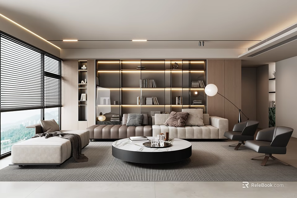 Modern Living Room Interior With Sofa Coffee Table Floor Lamp And Bookshelves 3d model 