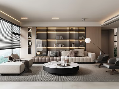 Modern Living Room Interior With Sofa Coffee Table Floor Lamp And Bookshelves 3d model