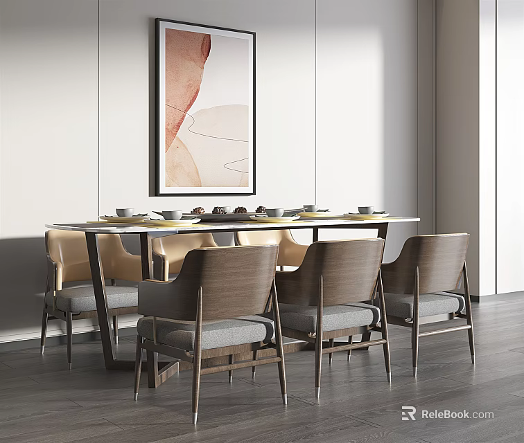 Modern Dining Table Set with Gray Cushioned Wooden Chairs and Abstract Art in Dining Room 3d model 