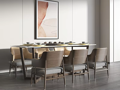 Modern Dining Table Set with Gray Cushioned Wooden Chairs and Abstract Art in Dining Room 3d model