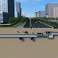 Urban Road Infrastructure With Underground Drainage Pipes And City Building Layout