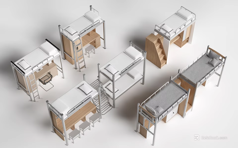 Various Bunk Bed Designs With Study Desk Storage And Staircase Features 3d model