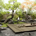 Japanese Courtyard Garden With Wooden Deck Tea Set Stones And Orange Leaf Trees
