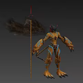Game Fantasy Character With Yellow Body Horned Head Black Wings Sharp Claws And Spear