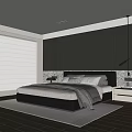Modern Bedroom Interior With Dark Headboard Wall Window Blinds Nightstand And Rug