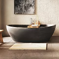 Bathroom Interior Design With Wooden Beams Stone Wall Black Bathtub Round Mirror And Plant