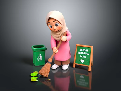 Cartoon Cleaning Scene With Headscarf Figure Broom Green Trash Bin Leaves And Fresh Sebagian Signboard 3d model