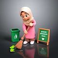 Cartoon Cleaning Scene With Headscarf Figure Broom Green Trash Bin Leaves And Fresh Sebagian Signboard