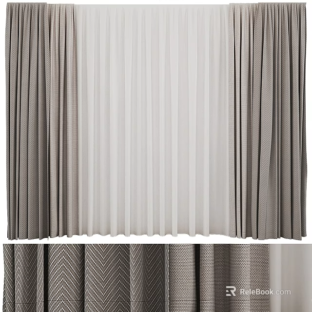 Gray and White Modern Curtains with Sheer Layer Elegant Drape for Home Window 3d model