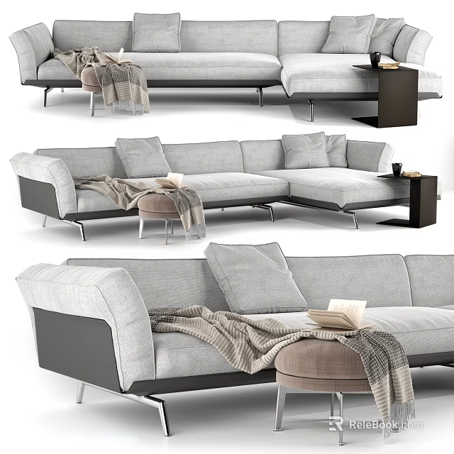 Modern Sectional Sofa With Gray Upholstery Throw Blanket Pillows Stool And Side Table 3d model