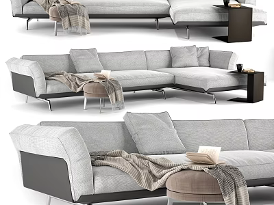 Modern Sectional Sofa With Gray Upholstery Throw Blanket Pillows Stool And Side Table 3d model