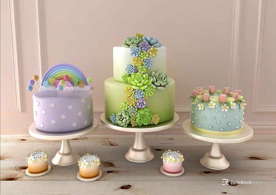 Delicious Colorful Decorated Cakes and Cupcakes Featuring Rainbow Stars Green Floral Blue Pearl Toppings 3d model 