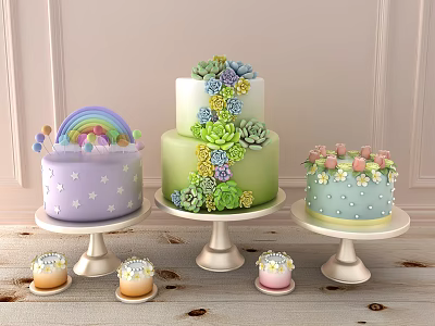 Delicious Colorful Decorated Cakes and Cupcakes Featuring Rainbow Stars Green Floral Blue Pearl Toppings 3d model