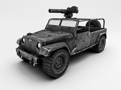 Vintage Open Top Jeep With Mounted Cannon And Rugged Worn Tires 3d model