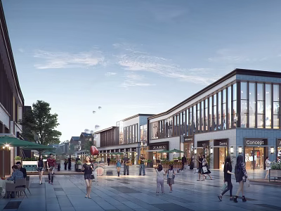 Bustling Commercial Street with Modern Glass Facades Shops Outdoor Dining and Pedestrians 3d model