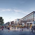 Bustling Commercial Street with Modern Glass Facades Shops Outdoor Dining and Pedestrians