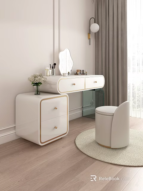 Elegant White Dressing Table with Gold Accents Drawers Mirror and Stool 3d model 