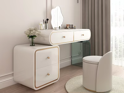 Elegant White Dressing Table with Gold Accents Drawers Mirror and Stool 3d model