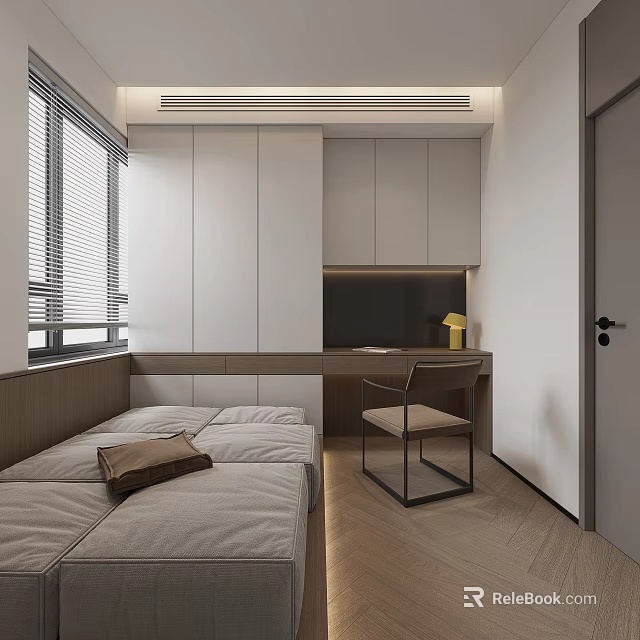 Modern Minimalist Tatami Bedroom Interior Design With Tatami Bed Desk Chair Window And Storage Cabinets 3d model 