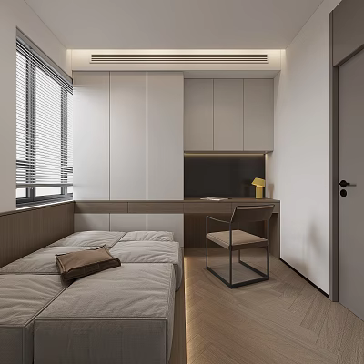 Modern Minimalist Tatami Bedroom Interior Design With Tatami Bed Desk Chair Window And Storage Cabinets 3d model