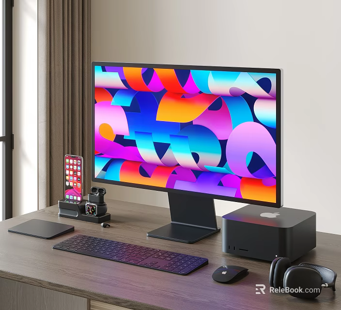 Modern Desktop Computer Setup With Colorful Abstract Screen Monitor Tower Keyboard Mouse Headphones And Peripherals 3d model 