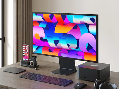 Modern Desktop Computer Setup With Colorful Abstract Screen Monitor Tower Keyboard Mouse Headphones And Peripherals 3d model