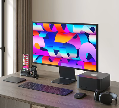 Modern Desktop Computer Setup With Colorful Abstract Screen Monitor Tower Keyboard Mouse Headphones And Peripherals 3d model