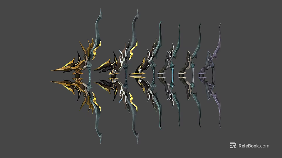Various Designed Bows With Decorative Elements In Gold Silver And Blue Color Arrangements 3d model 