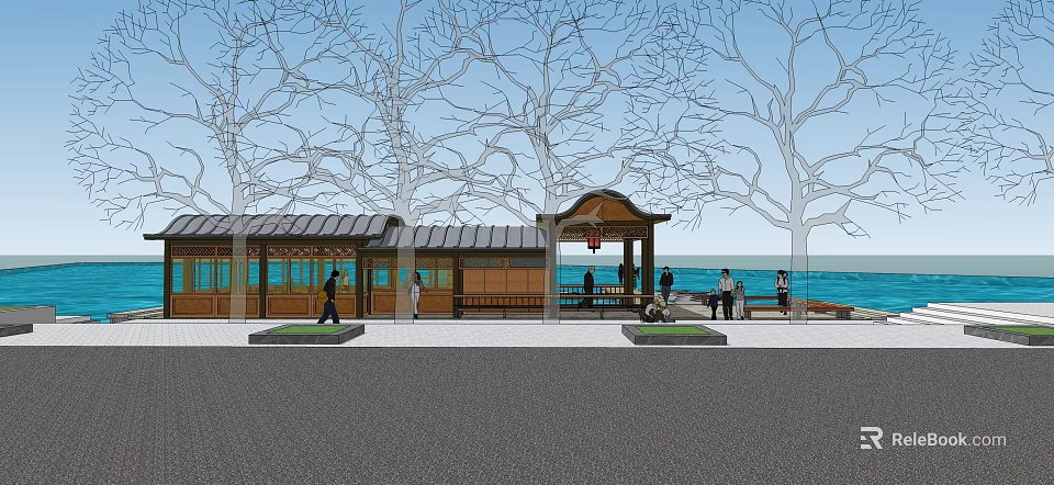Traditional Pavilion With Trees And People Near Sea View Open Space 3d model 