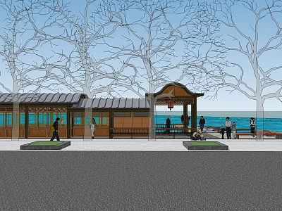 Traditional Pavilion With Trees And People Near Sea View Open Space 3d model
