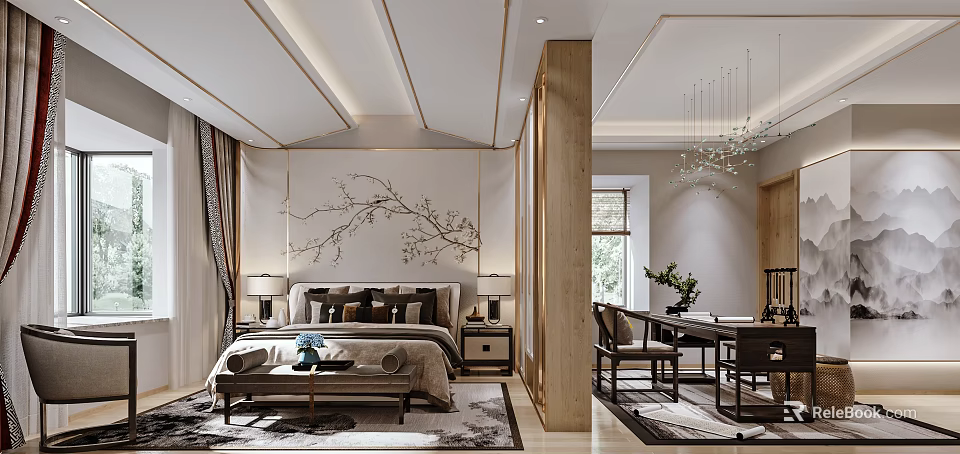 Elegant Modern Bedroom Interior With Wooden Accents Branch Design Wall And Chandelier 3d model 