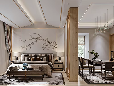 Elegant Modern Bedroom Interior With Wooden Accents Branch Design Wall And Chandelier 3d model