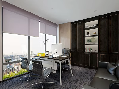 Modern Office Interior With Large Windows City View Desk Chairs Dark Cabinets And Bookshelves 3d model