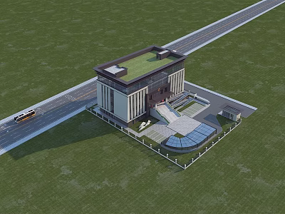 Birds Eye View Planning of Green Roof Building With Circular Plaza Steps Fence and Grassland 3d model