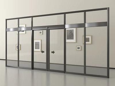 Modern Glass Partition With Framed Pictures In Exhibition Gallery Space 3d model