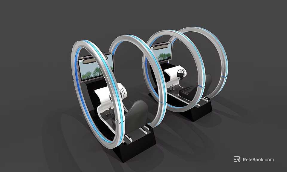 Three Circular Ring Simulators With Screens Seats And Controls For Immersive Driving Experience 3d model