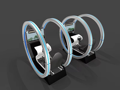 Three Circular Ring Simulators With Screens Seats And Controls For Immersive Driving Experience 3d model