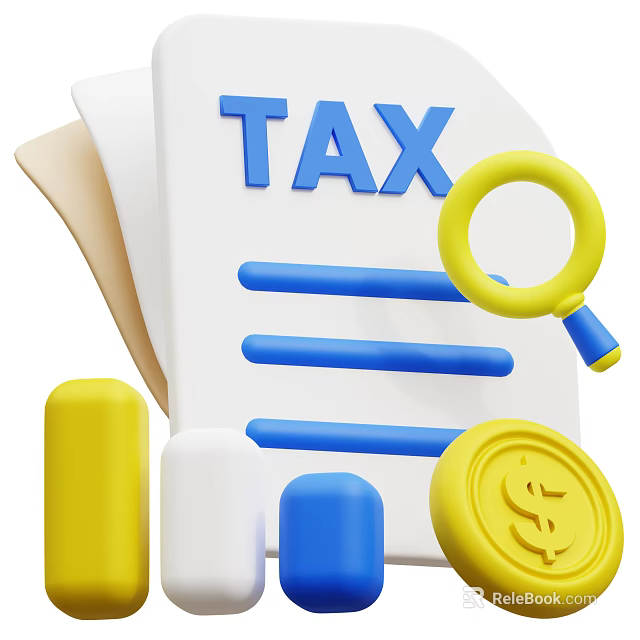 Financial Themed Decorative Ornament Set With Tax Document Magnifying Glass Coin And Bar Chart 3d model 