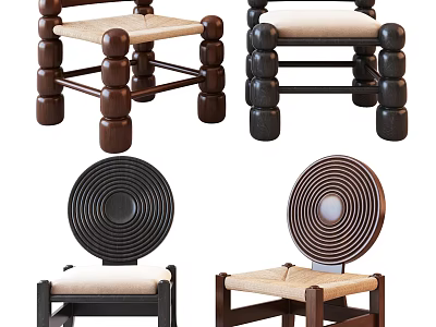 Stylish Brown Black Wooden Dining Chairs With Round Back Upholstered Seats And Unique Leg Design 3d model