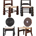 Stylish Brown Black Wooden Dining Chairs With Round Back Upholstered Seats And Unique Leg Design