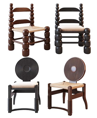 Stylish Brown Black Wooden Dining Chairs With Round Back Upholstered Seats And Unique Leg Design 3d model