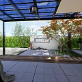 Modern Garden Design With Stone Patio Outdoor Dining Table Green Plants and Trees