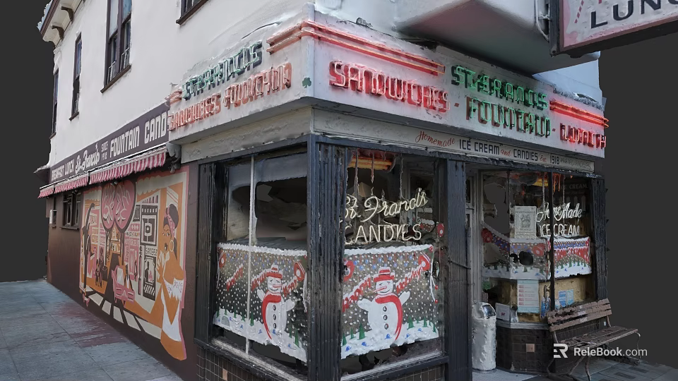 Traditional Commercial Street Storefront With Sandwiches Coffee Candies And Christmas Decorations 3d model 