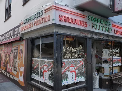 Traditional Commercial Street Storefront With Sandwiches Coffee Candies And Christmas Decorations 3d model