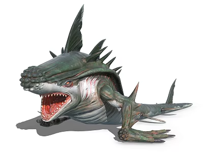 Fantasy Aquatic Monster Game Character With Sharp Teeth Spikes And Fins 3d model